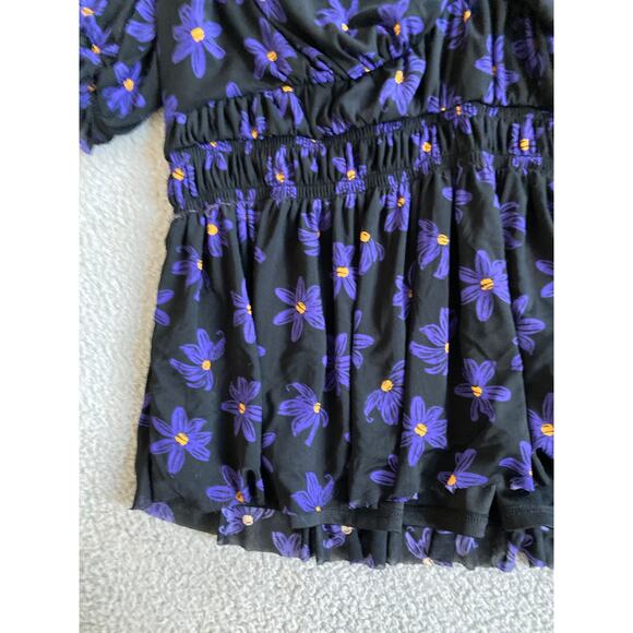 Ava & Viv Top 2X Floral V-Neck Stretch Short Sleeve Flare Blue Black Blouse - Picture 16 of 16